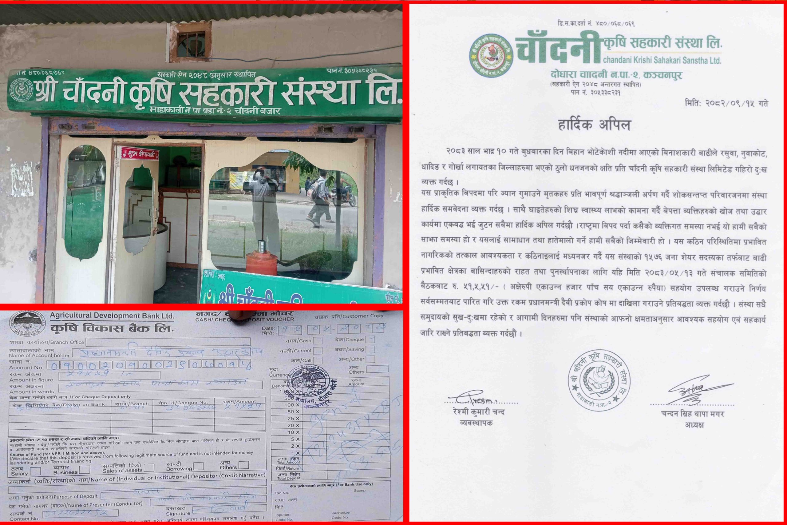 चाँदनी कृषि सहकारीद्वारा बाढी प्रभावितका लागि ५१ हजार ५५१ रुपैयाँ सहयोग